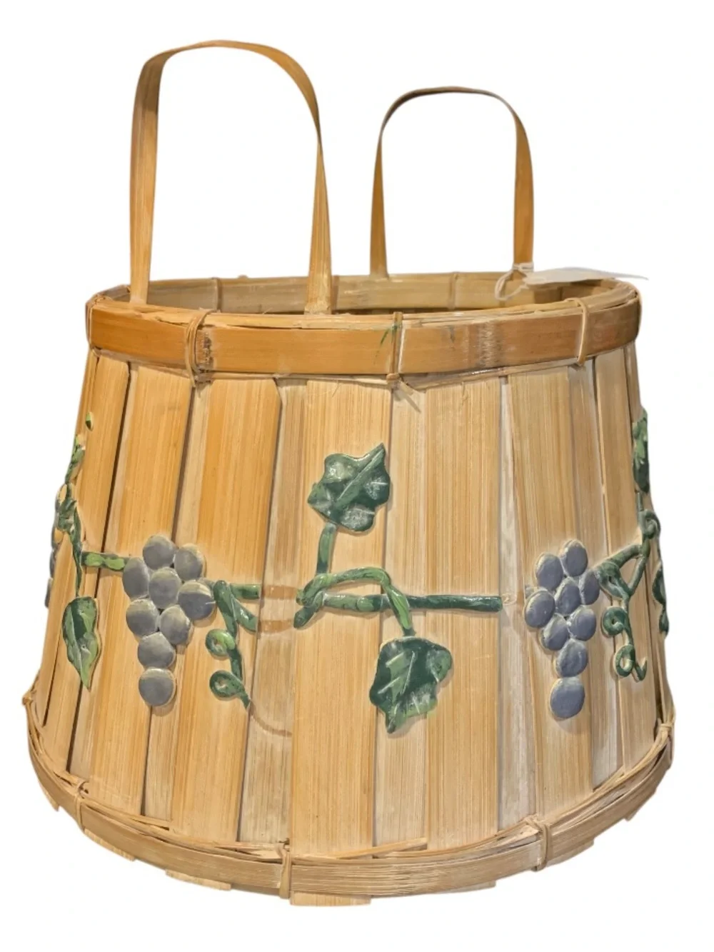 Vintage Bamboo Basket w Raised Gesso Grapevine Double handles Approx 9” T grapes